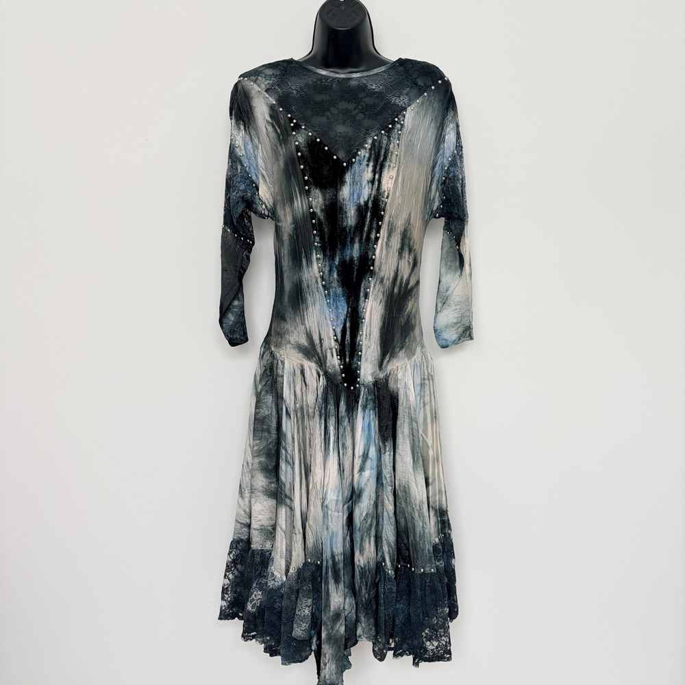 Sakkas Vintage Blue Tie Dye Lace Studded Rayon Dress Womens Medium Gothic Boho